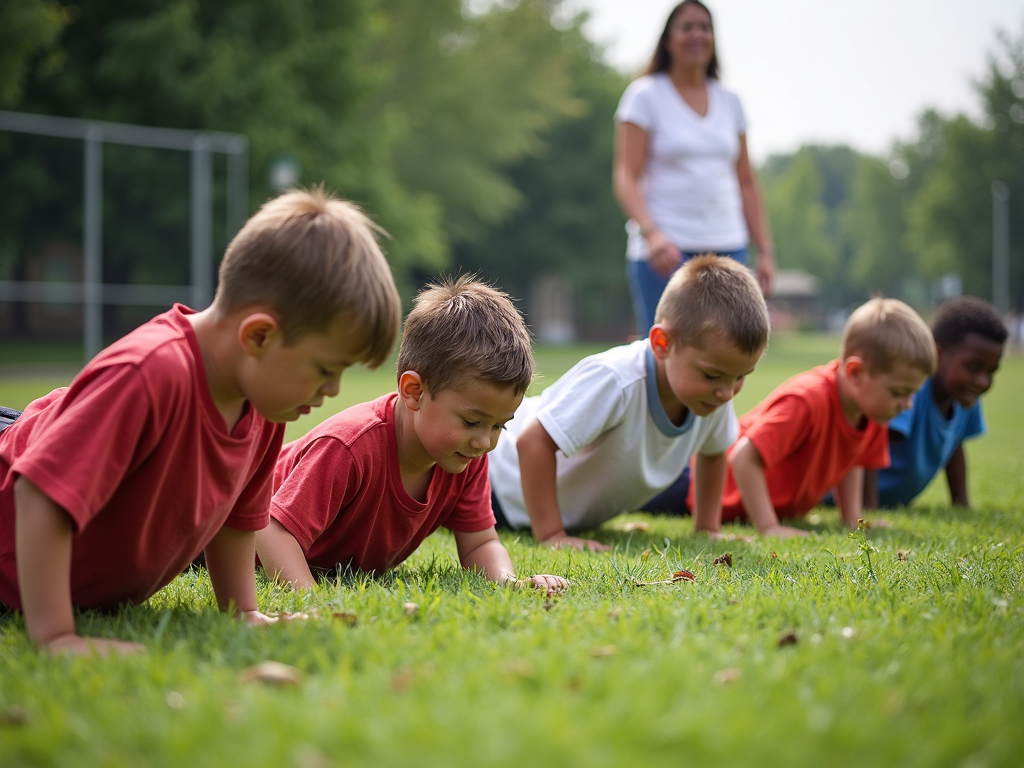 Kids doing push-ups with a coach in the background