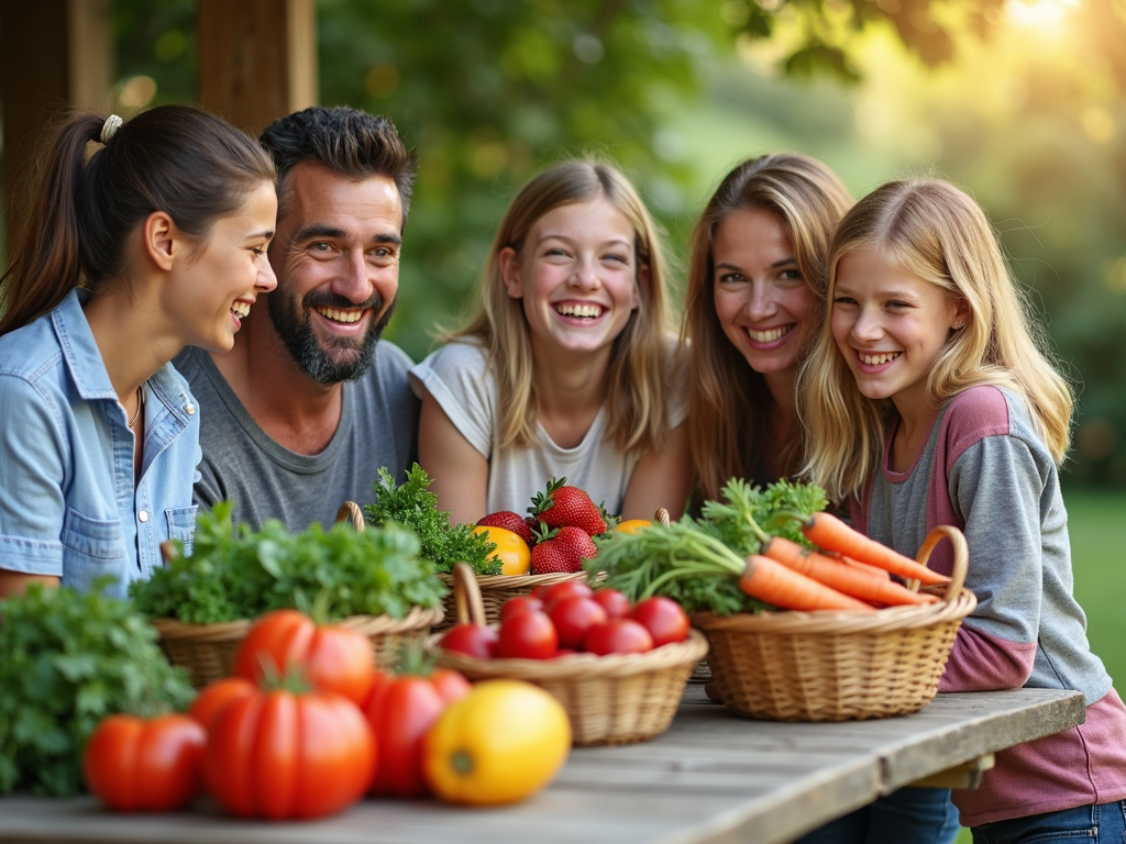 Family with garden harvest