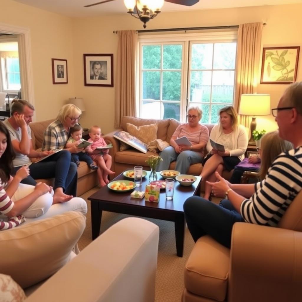 A group of parents in a cozy living room discussing FPIES, with safe snacks on a coffee table.