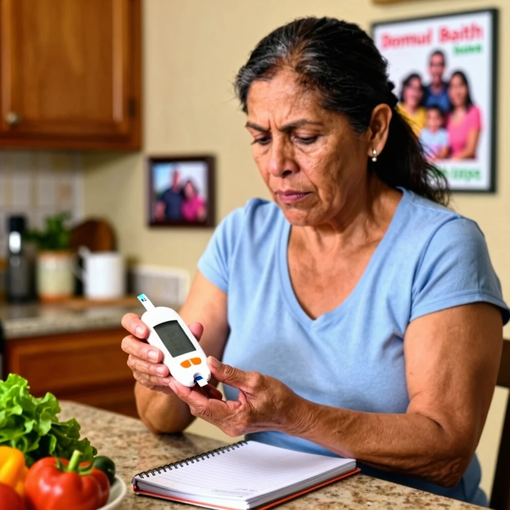 Woman managing diabetes at home with community health resources