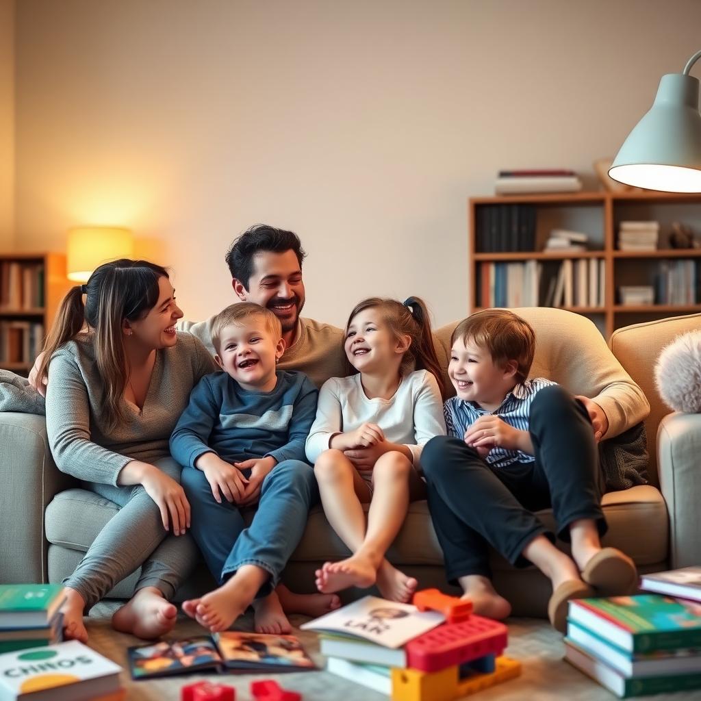 A family bonding in a warm, nurturing living room.