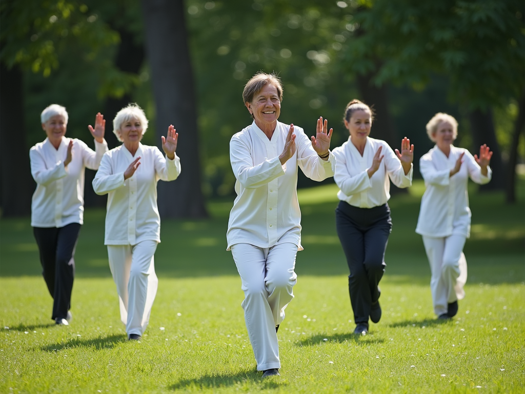 A group of people doing Tai Chi in a park, surrounded by grass and trees.