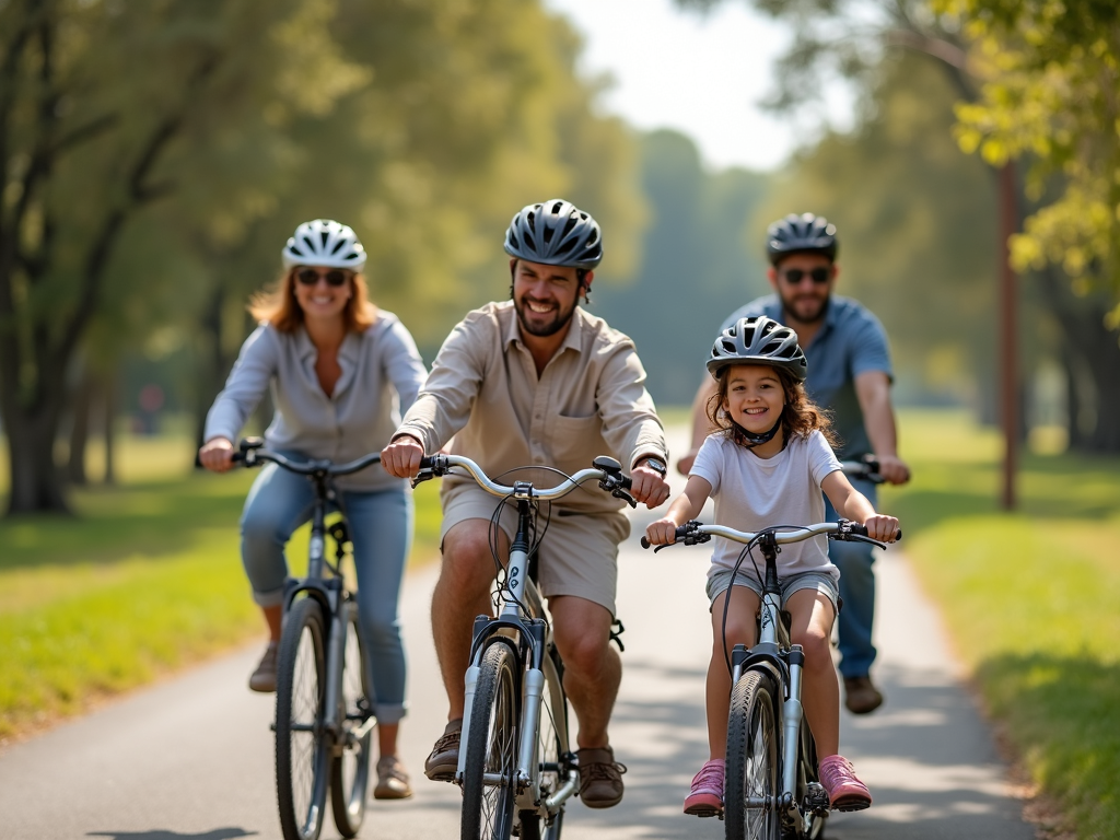 Family enjoying a bike ride in the park.