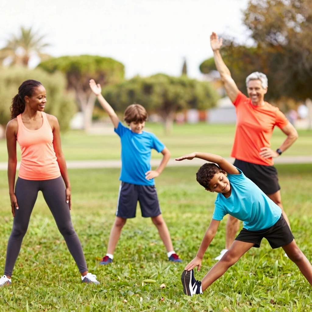 Family warming up with stretches before running