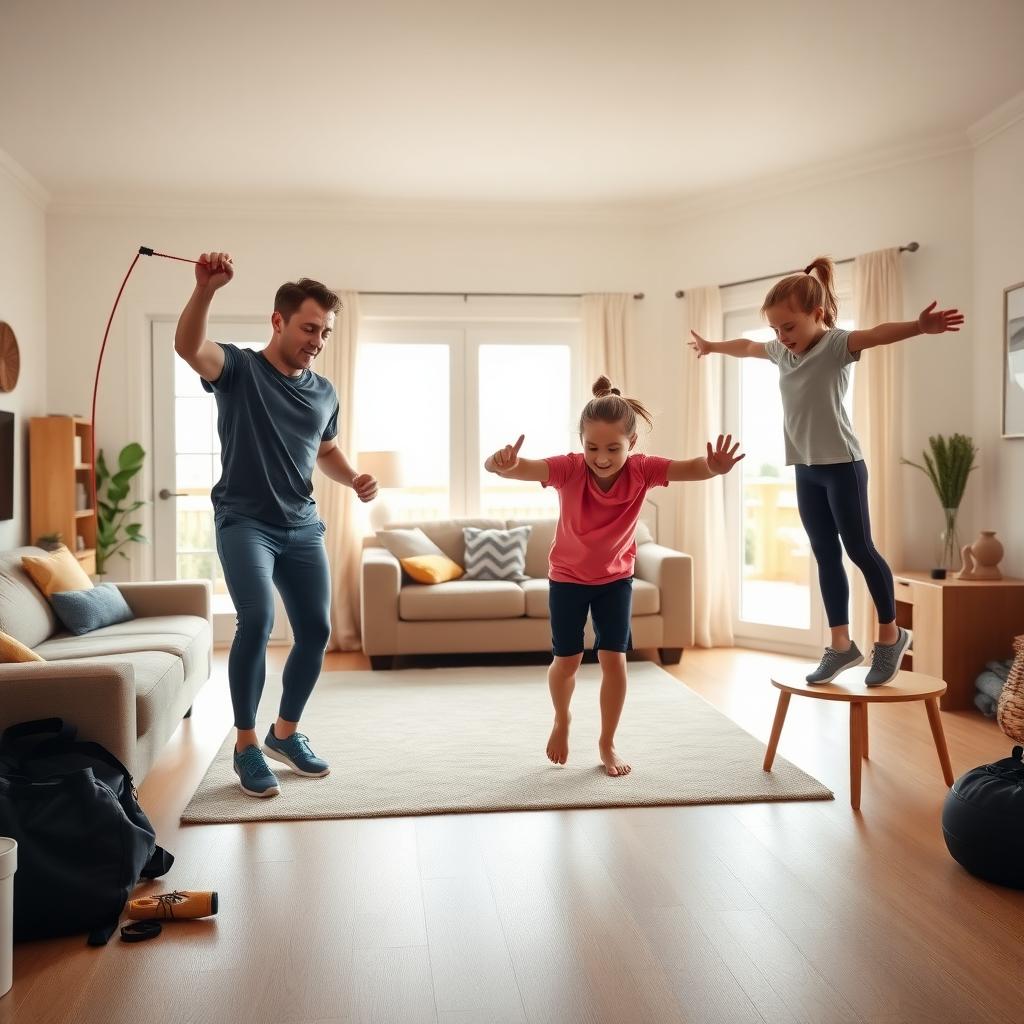 A family of three engages in an indoor fitness circuit in a bright living room, jumping rope and doing push-ups.