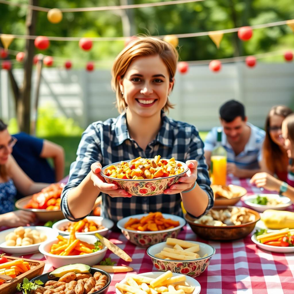 Person holding an allergy-friendly dish at a vibrant outdoor picnic