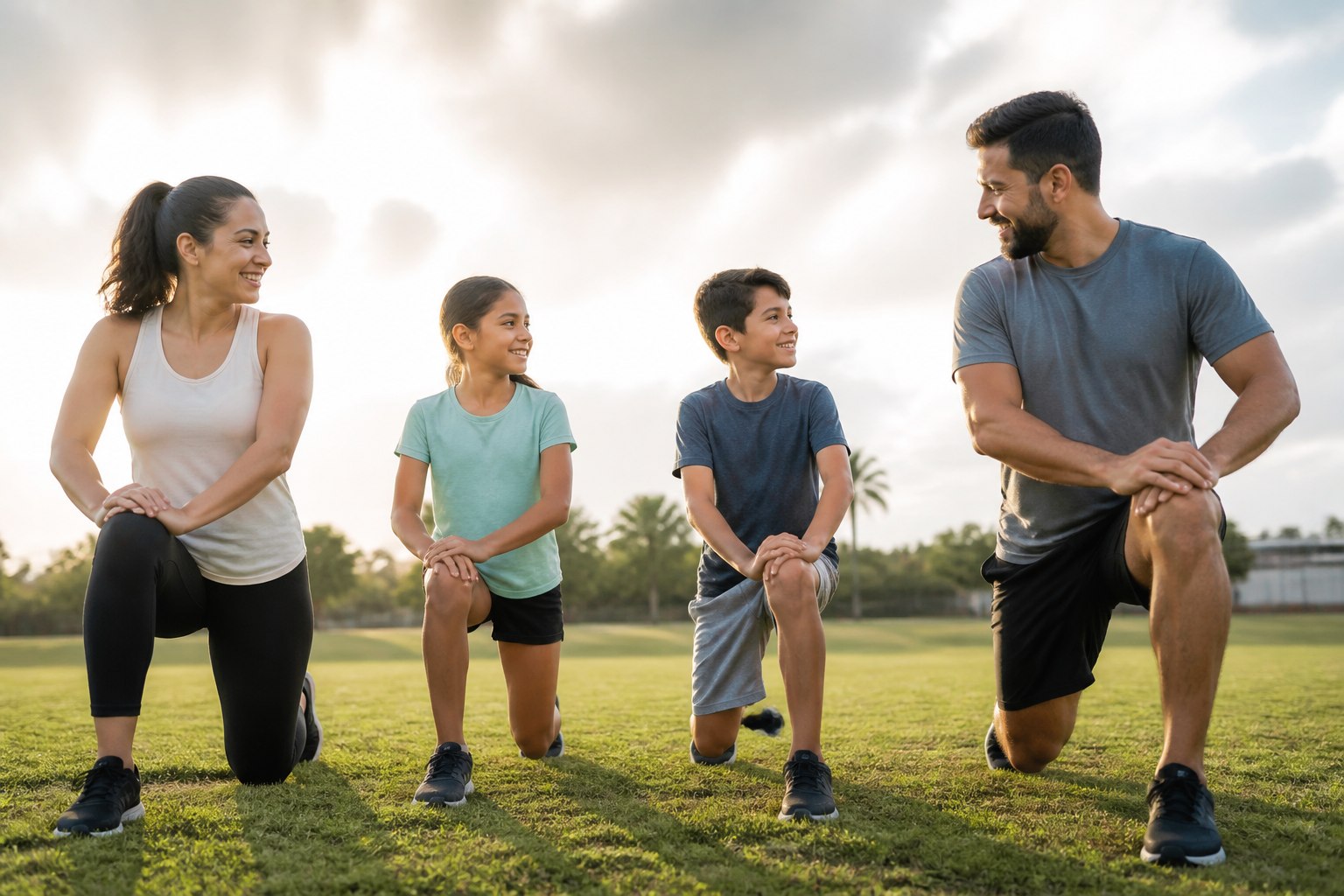 Happy family of four doing outdoor family fitness session as part of a 30-day fitness challenge