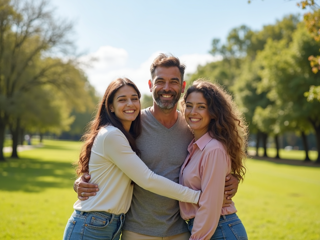 Happy family hugging in a park
