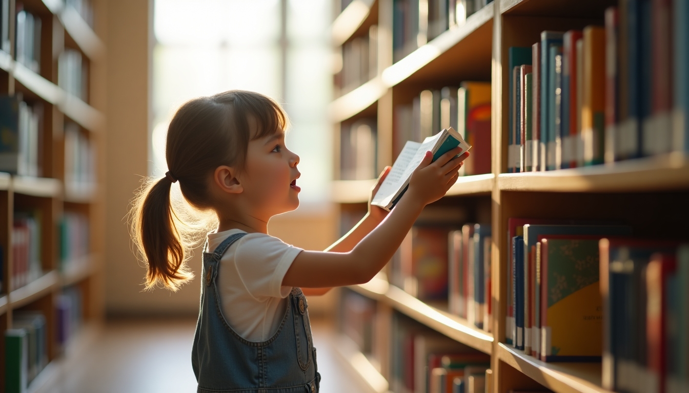 A young reader selecting their next adventure from the library’s collection.