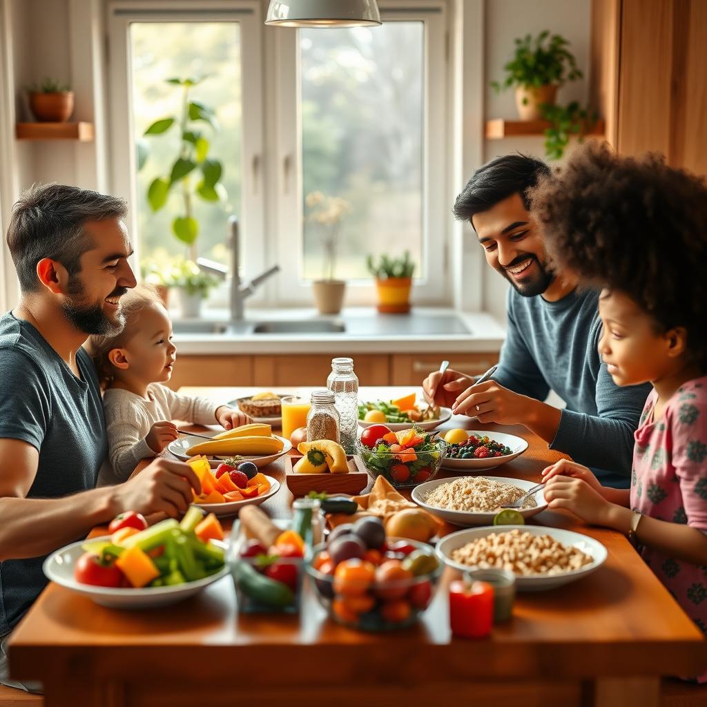 A family of four enjoying a healthy meal together in a cozy, sunlit kitchen.