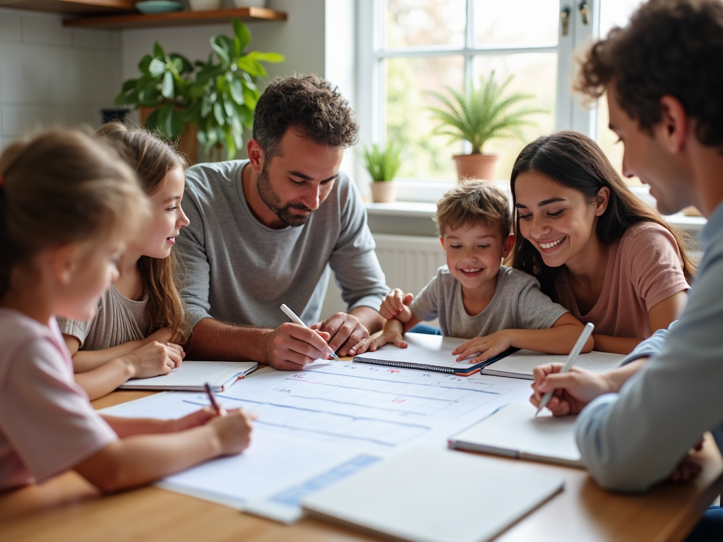 A family planning their wellness activities around a kitchen table.