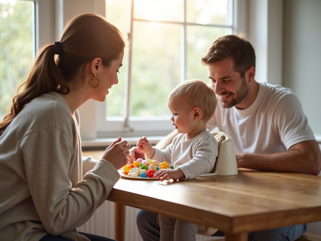 Family dining together with infant in high chair.