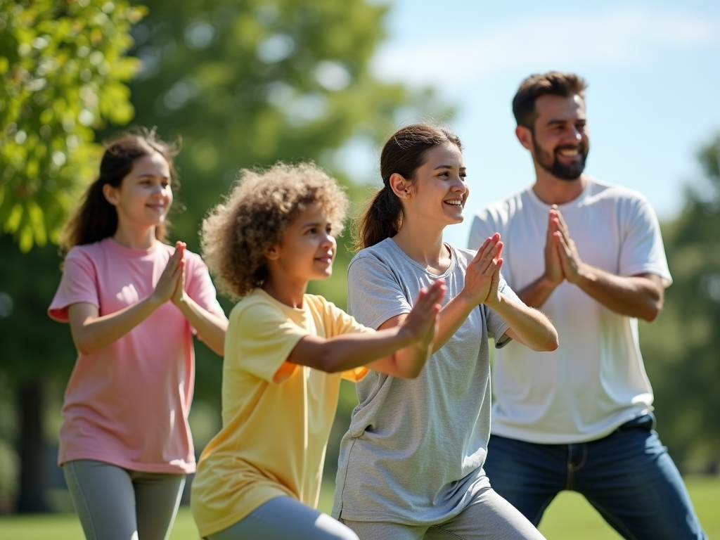 Family practicing tai chi together in park