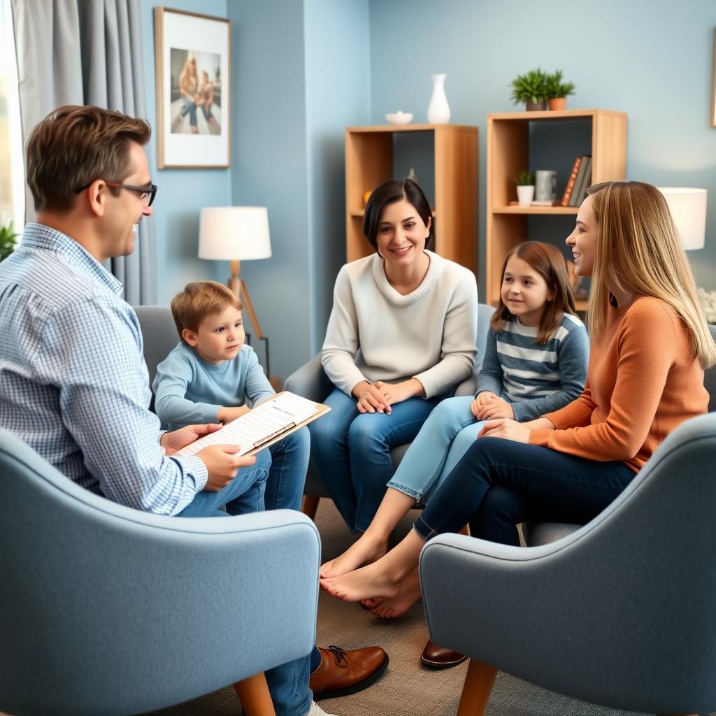 A family participates in a therapy session, discussing strategies to support a child with autism in a cozy, calming office.