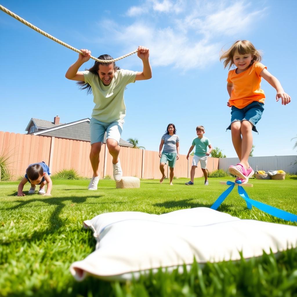 A family having fun with an obstacle course in their backyard on a sunny day.