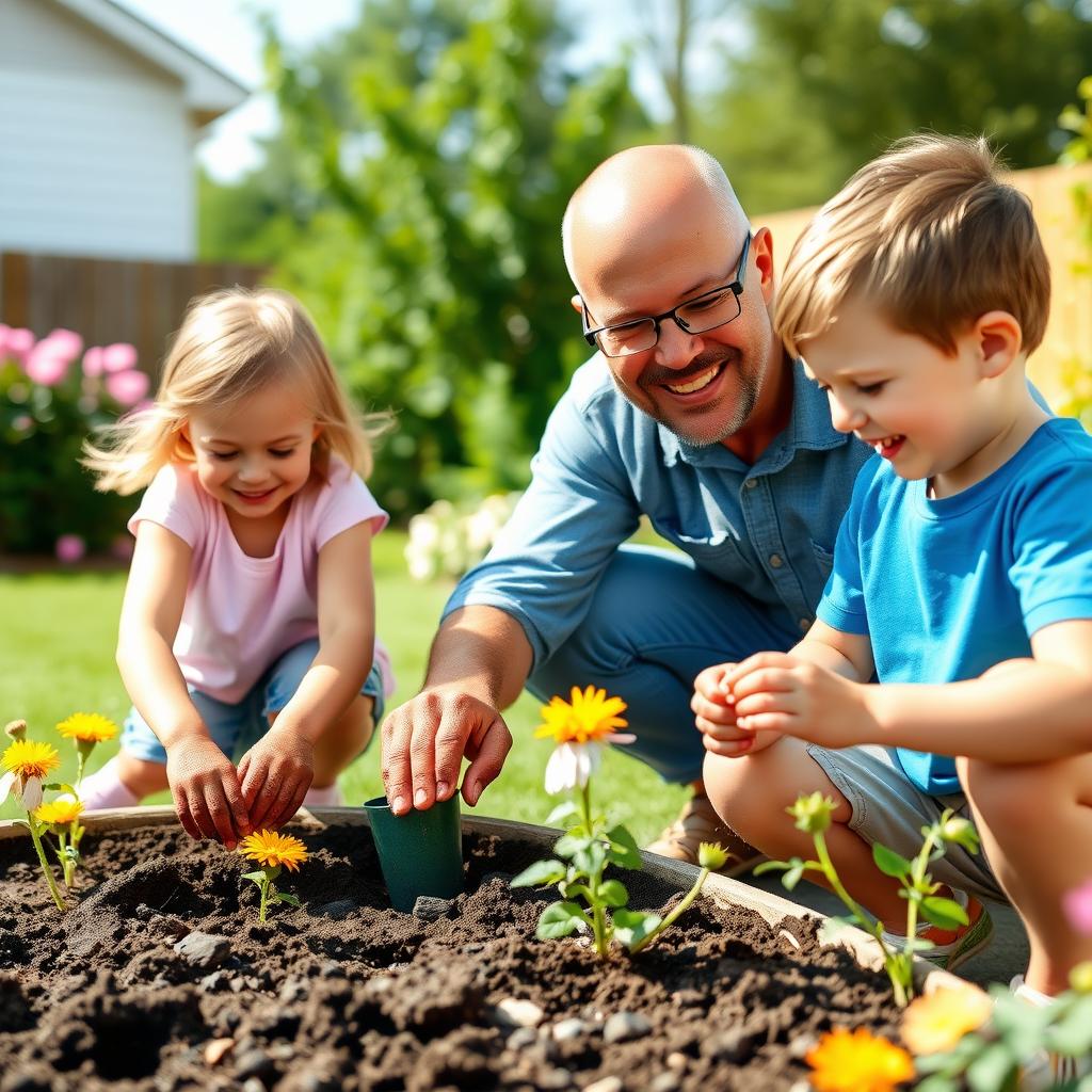 A dad and kids gardening together, fostering family wellness.
