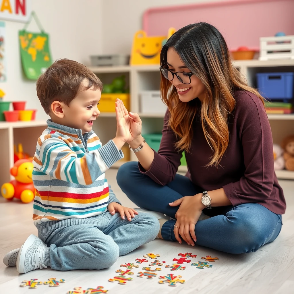 Therapist using positive reinforcement in ABA therapy session with a child
