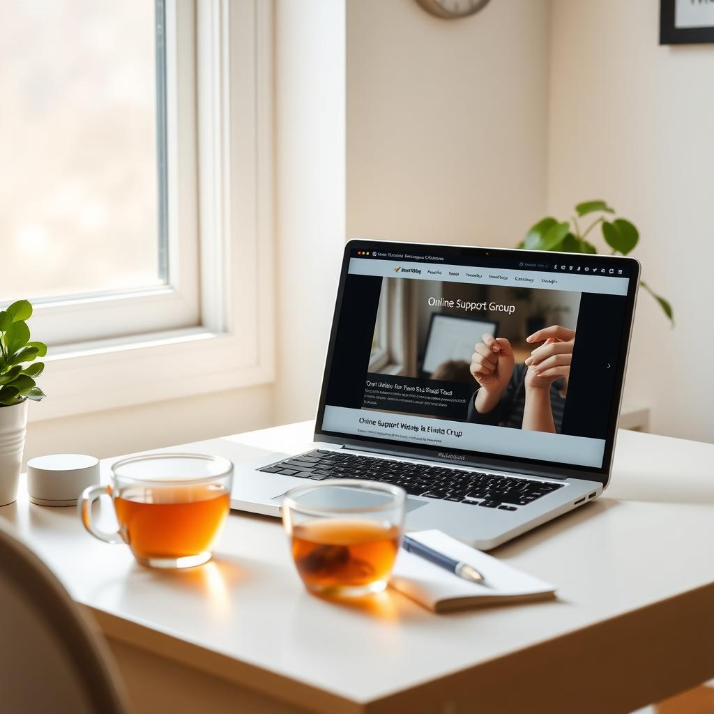 A tidy home office desk with a laptop displaying an online support group page, a cup of tea, and a potted plant.