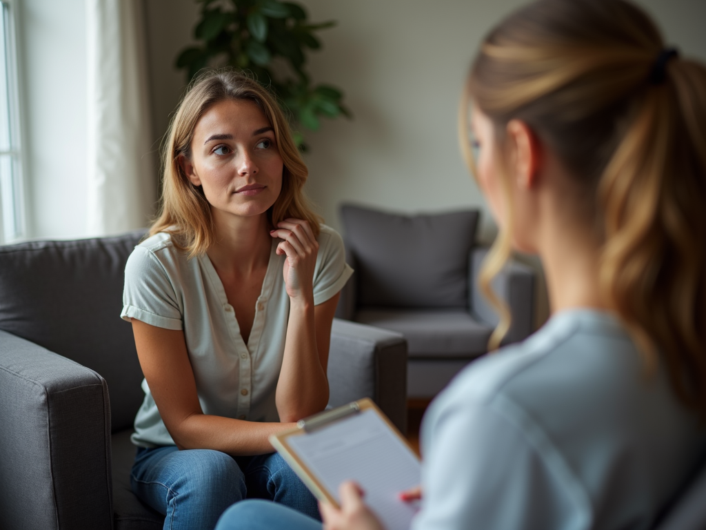 A therapy session in progress, showing a client and therapist in a cozy office.