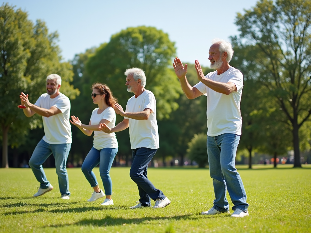 Family practicing tai chi in a park, enjoying a mindful activity.