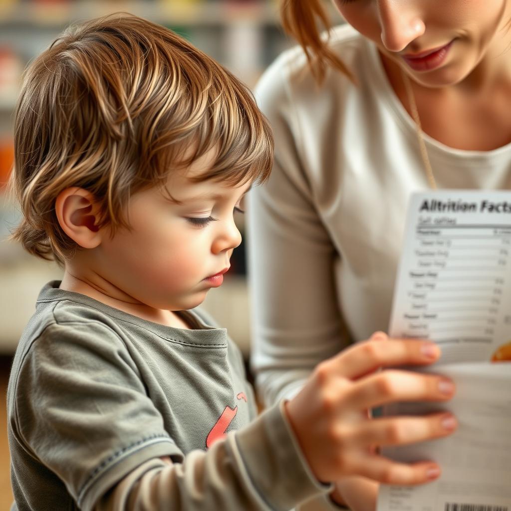 Child learning to read food labels with parent's help.