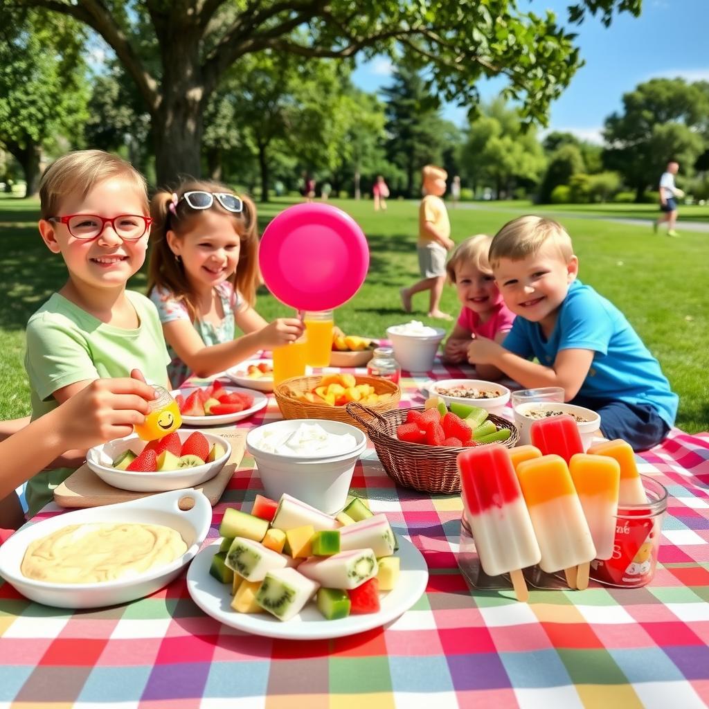 A family enjoys a picnic with healthy snacks like fruit skewers and yogurt popsicles on a checkered tablecloth, with kids playing frisbee in the background.