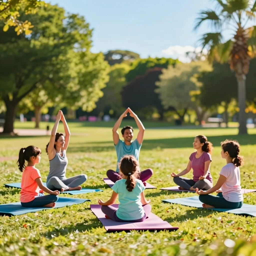 Family practicing yoga together in a park