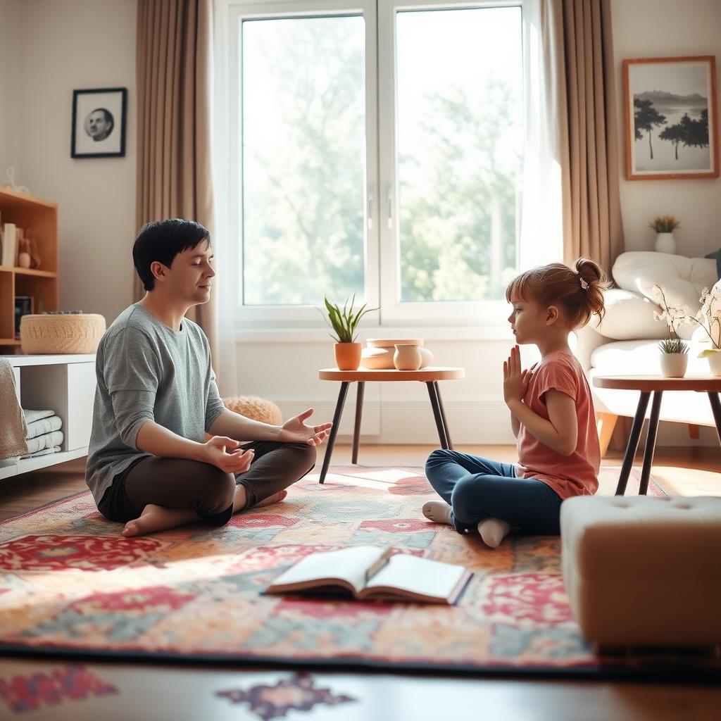 A parent and two children practicing deep breathing in a cozy living room.
