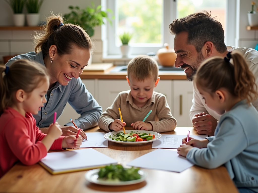 A family at a kitchen table with a notebook and veggies, collaborating on a weekly meal plan for healthy teen nutrition.