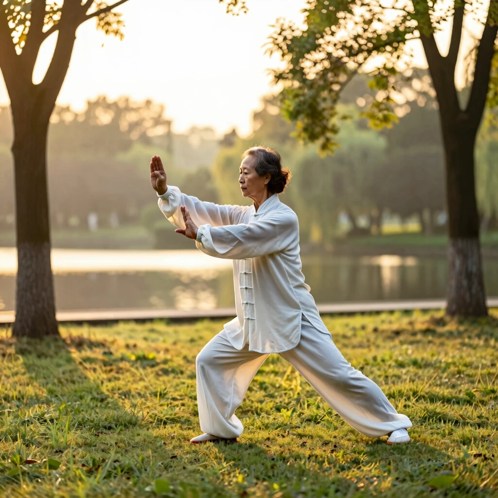 Person practicing tai chi in a peaceful park at sunrise