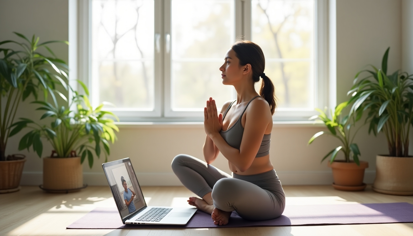 Person practicing yoga at home with a laptop