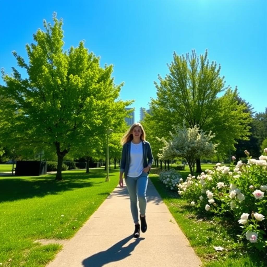 A person walks calmly along a sunlit park path surrounded by green trees and flowers.