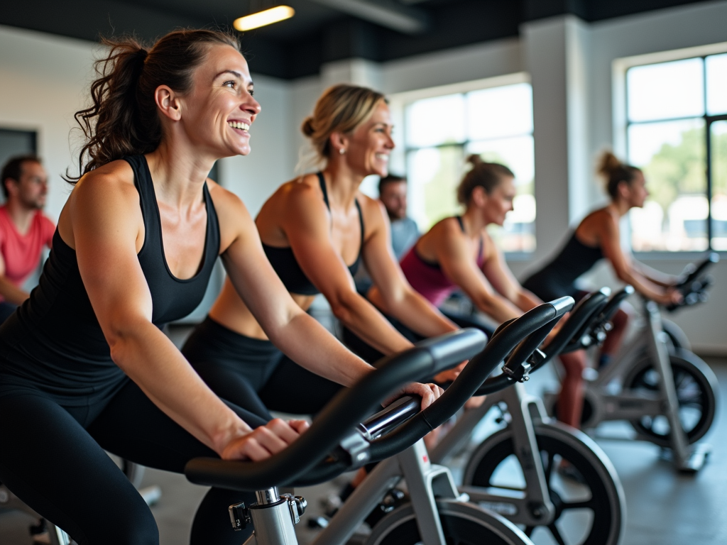 Participants in a spin class working out together.