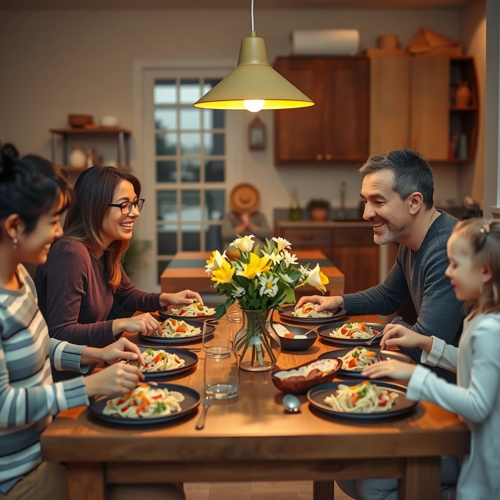 A joyful family sharing a meal at the dinner table