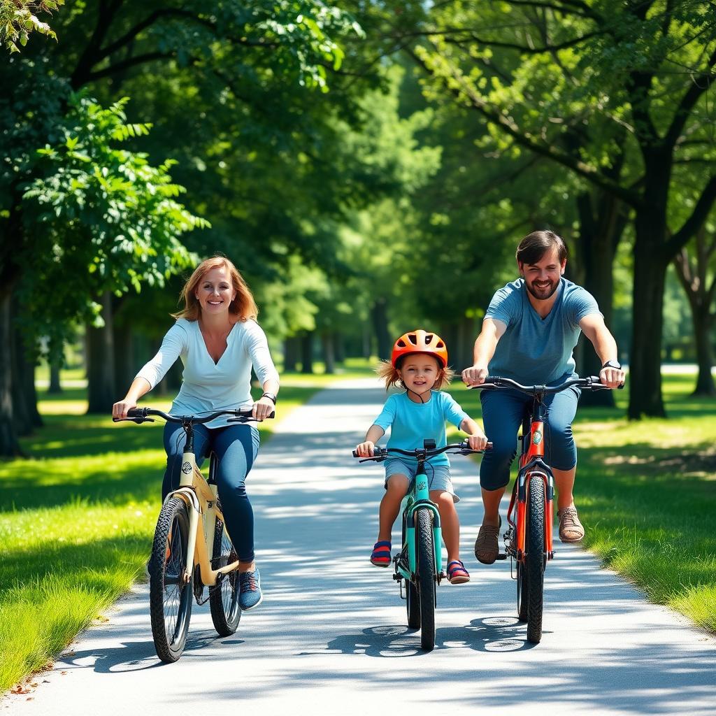 A family of four biking together on a sunny trail in a green park.