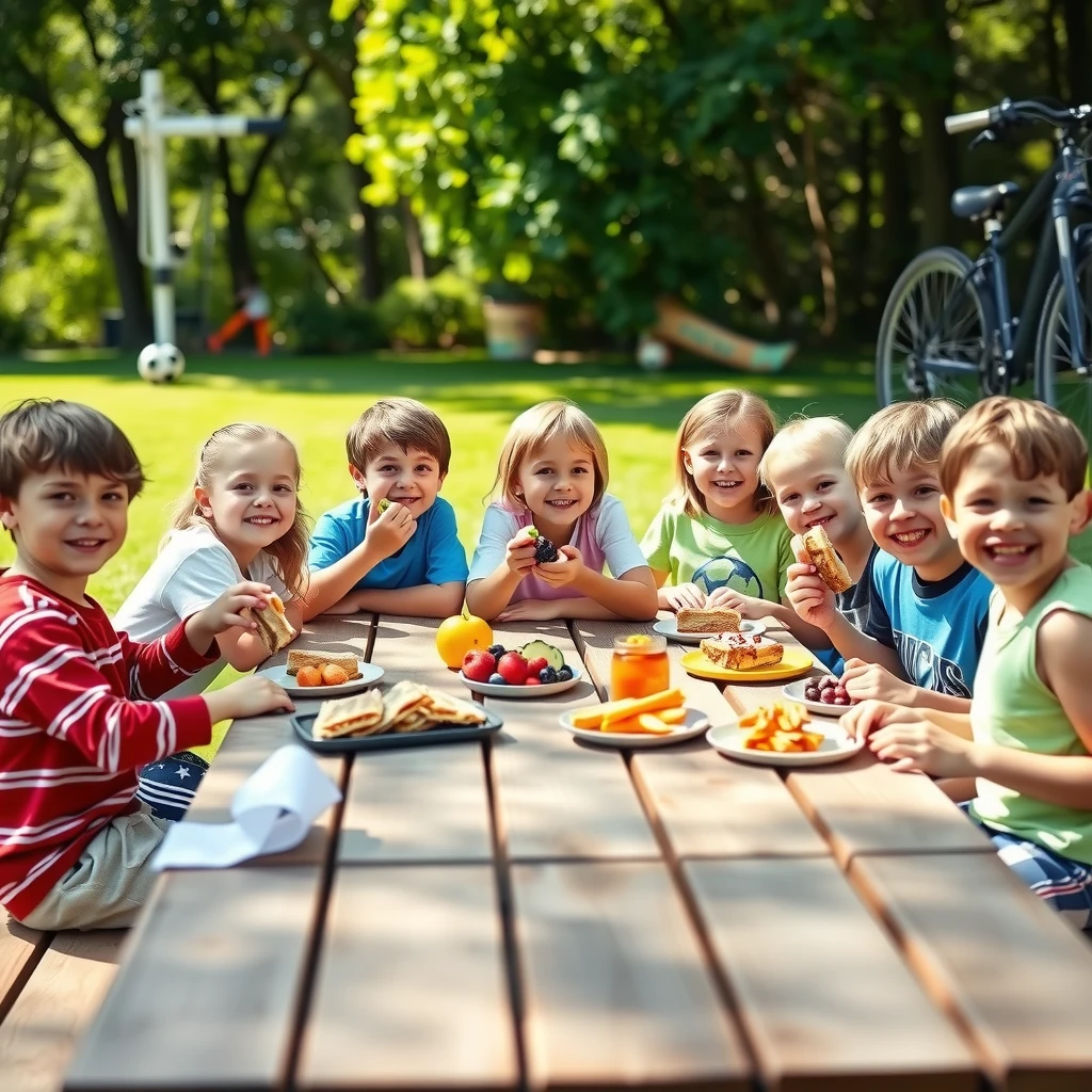 Active kids enjoying nutritious snacks in the park