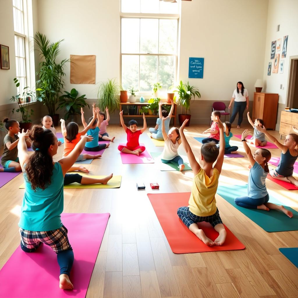 Families practicing yoga together in a bright community center room.