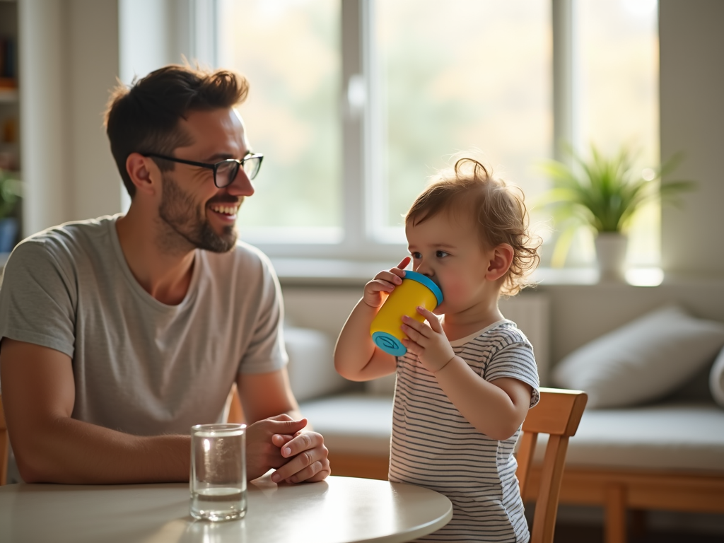 Toddler staying hydrated with parent’s help