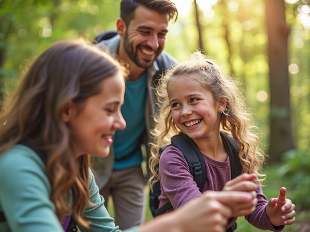 Family enjoying a hike together in nature.