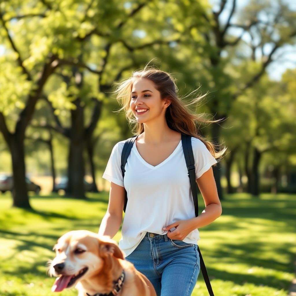Woman enjoying a walk with her dog in a park
