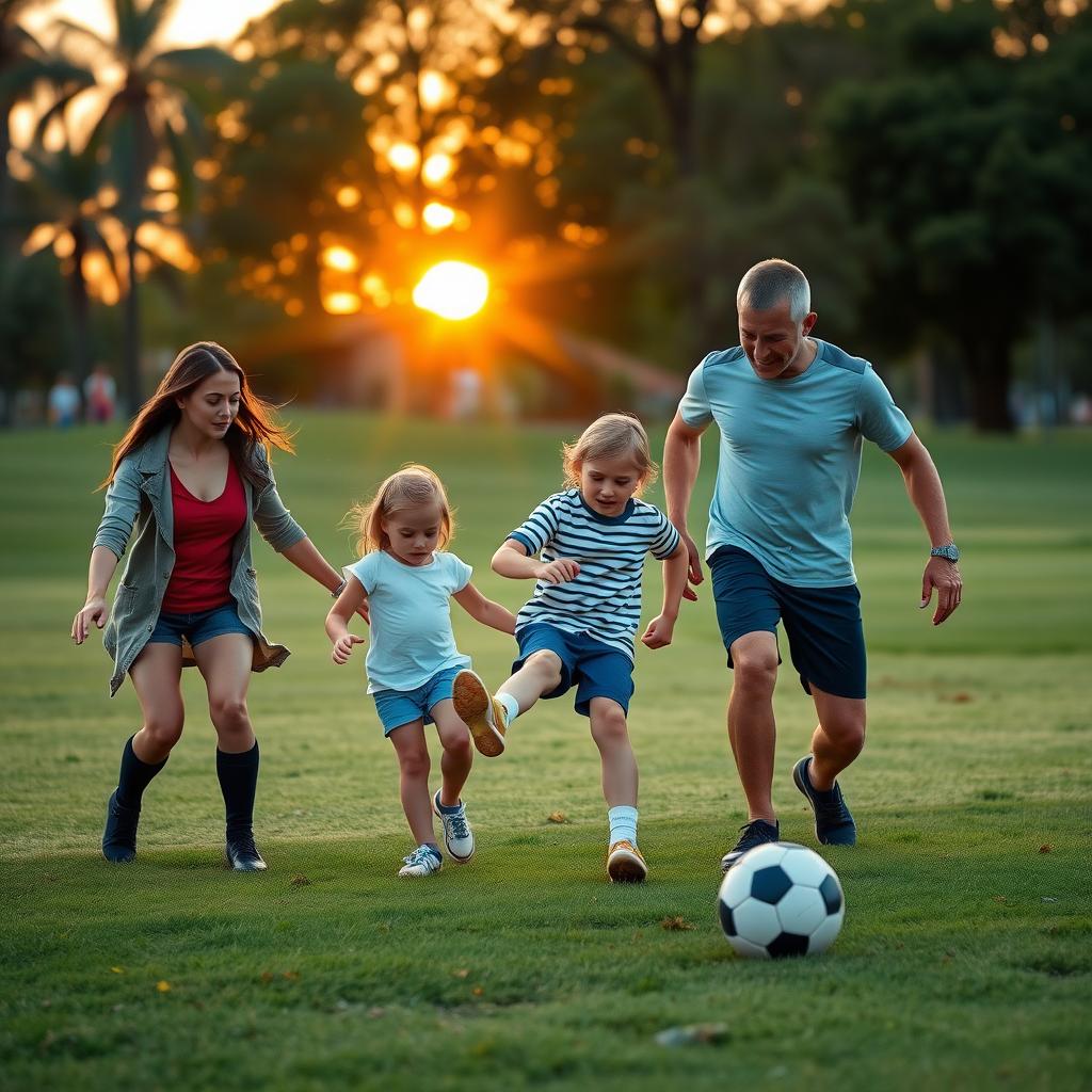 A family playing soccer together in the park.