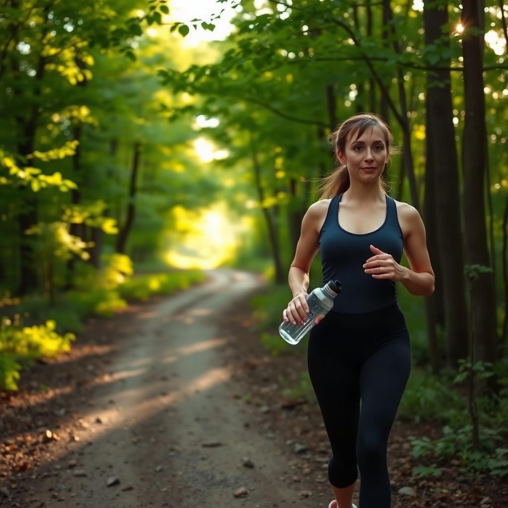 Person walking on a forest trail at sunrise, symbolizing gentle exercise for chronic fatigue.