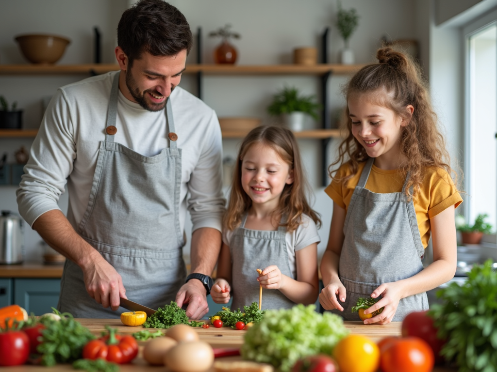 A family cooking a healthy meal together.