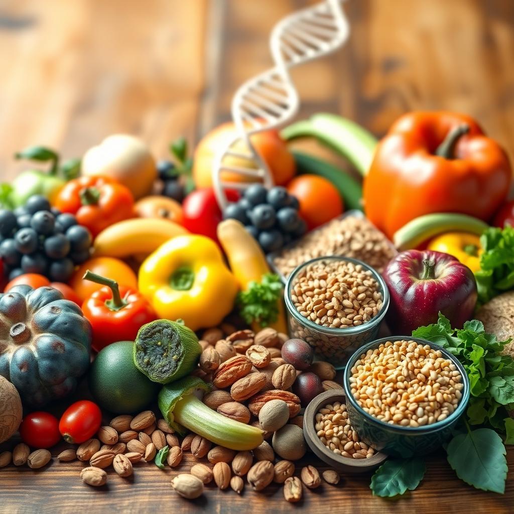 A colorful display of fresh produce on a wooden table with a faint DNA helix in the background, representing personalized nutrition.