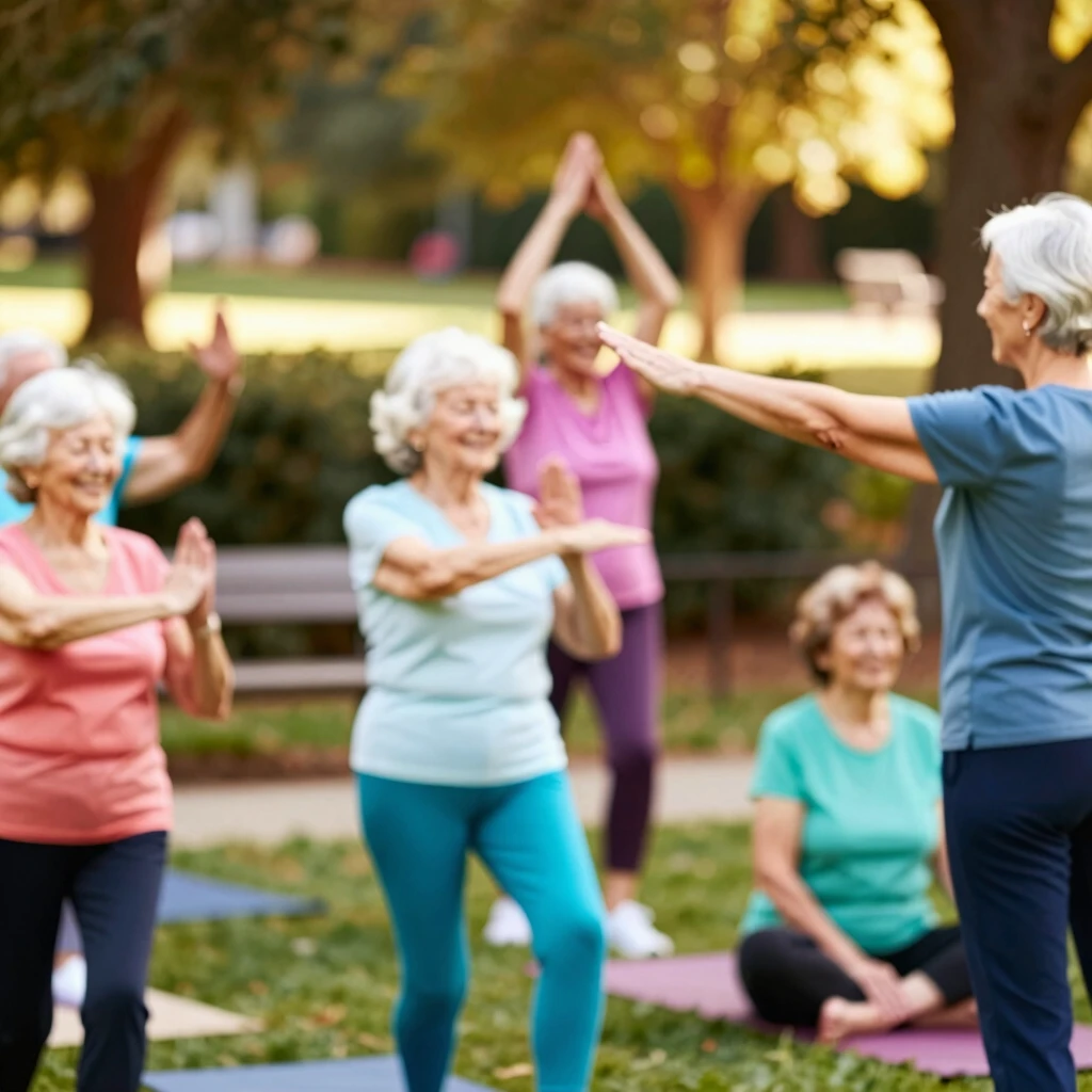 Seniors in community health yoga class