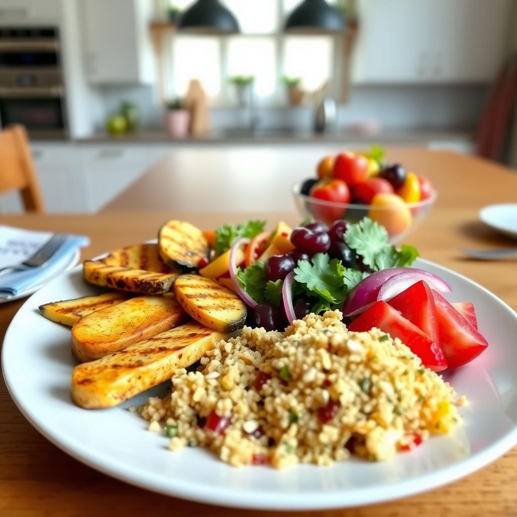 Plate of colorful allergen-free food on a wooden table.