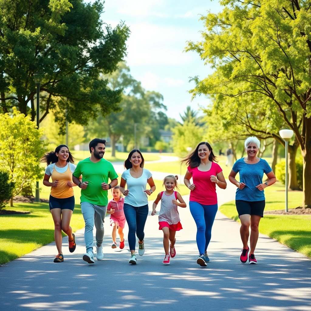 Diverse group jogging happily in a community park