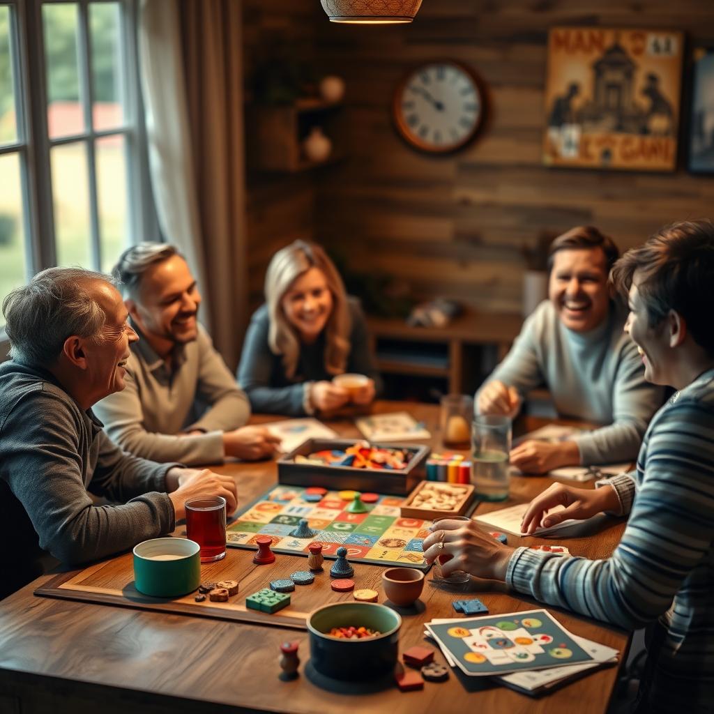 A family enjoys a lively board game night around a wooden table filled with game pieces and snacks.