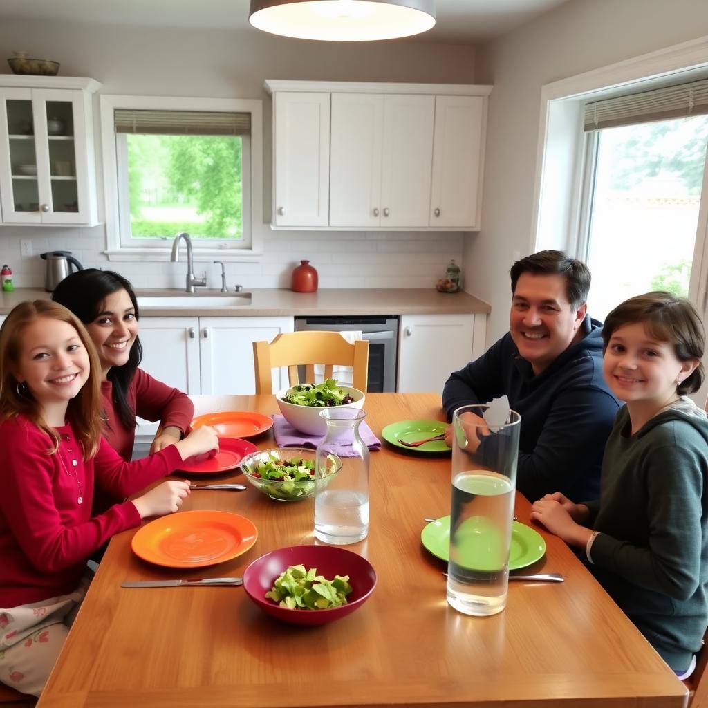 A family of four enjoying dinner together in a bright, modern kitchen.
