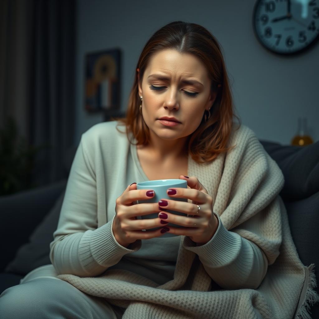 A woman with chronic fatigue sits tiredly on a couch, holding tea in a cozy living room.